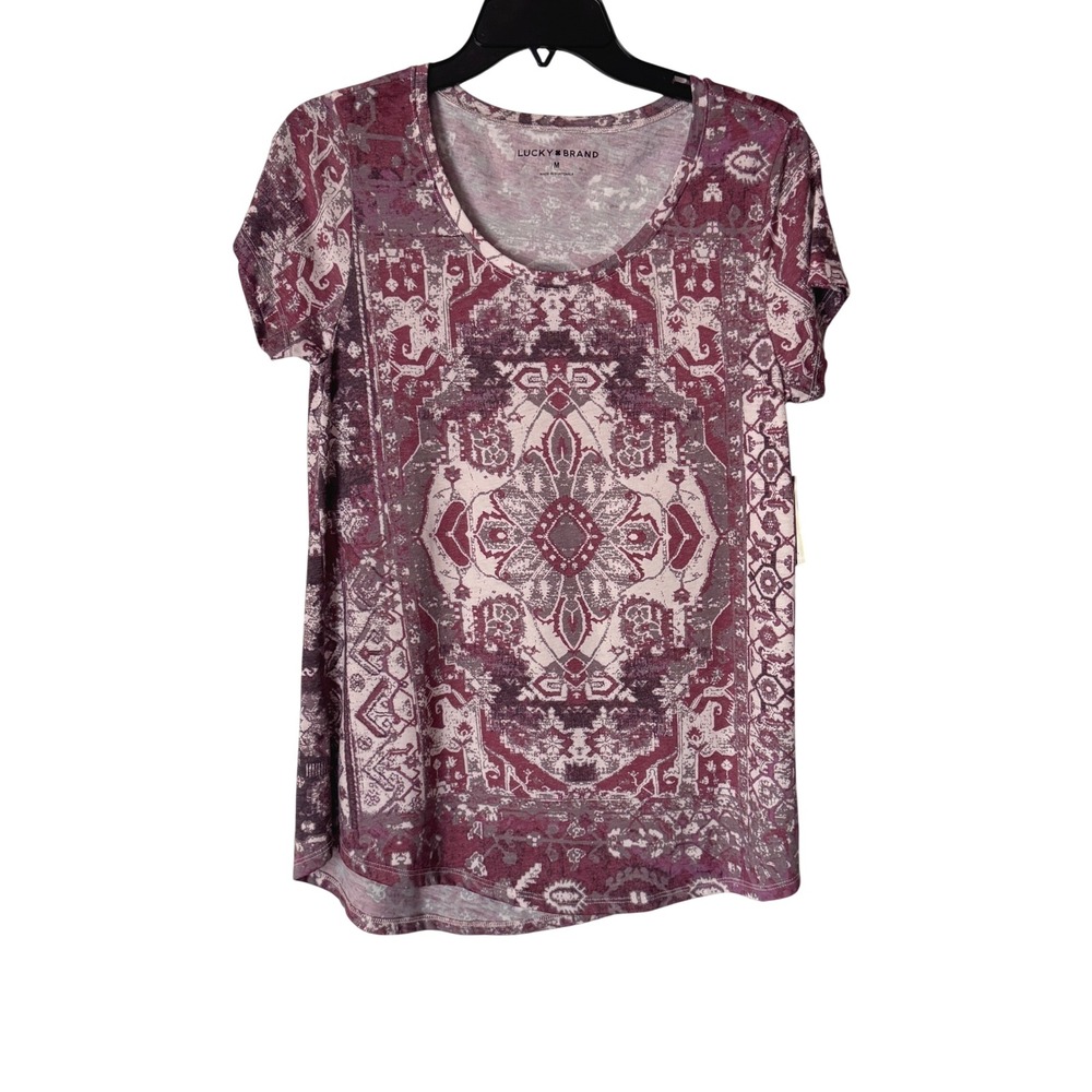 Lucky Brand Women Medallion Print Scoop Neck Short Sleeve Shirt Size M
